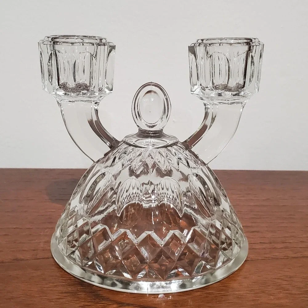 Vintage Imperial Glass Double Light Candle Holder Thumbprint &‎ Diamond Pattern